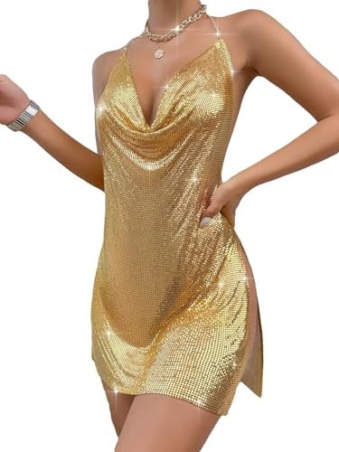 Falainetee Damen Metallic V-Ausschnitt Rückenfrei Kette Cami Partykleid