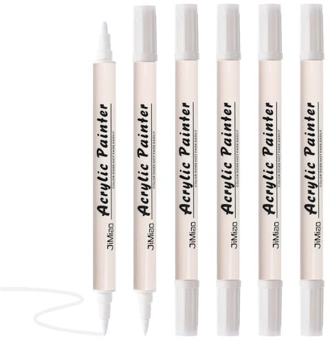 DAWRIS White Paint Pens 6 Pack Acrylic Paint Markers Permanent Marker Pen 1-5 mm Dual Tip Waterproof Acrylic Marker Pen for Rocks Painting Wood Fabric Plastic Glass Metal Cardboard Leather Ceramic