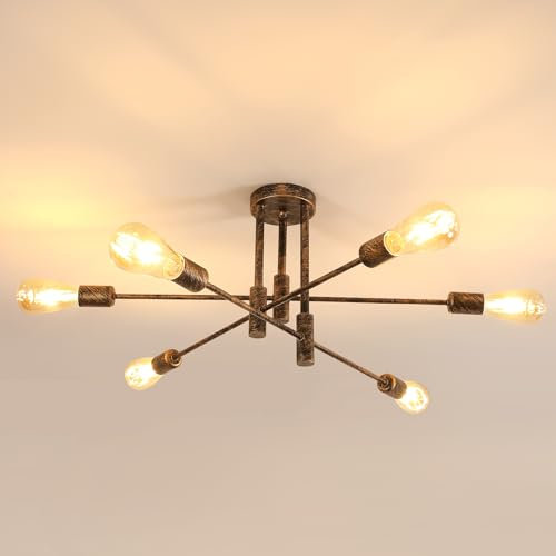 Comely Lamparas de Techo Industrial, E27 Lámpara Araña Techo Vintage con Ángulo Ajustable 180°, Plafon Sputnik de Metal 6 Luces para Salon Dormitorio Cocina Pasillo, Bronce, Diá 72 cm