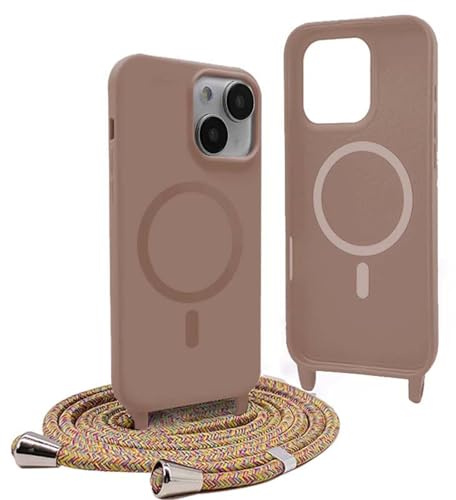 YFSYLL Handykette Hülle für iPhone 15 mit Band,Magnetische Silikon Handyhülle Kompatibel mit MagSafe,Handyhülle für zum Umhängen Einstellbar und Abnehmbar - Braun