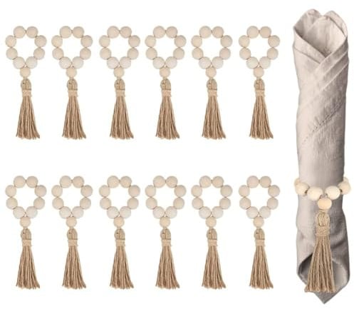 YEHEI 12 Stück Aus Natürlichen Holzperlen mit Quasten, Serviettenhalter für Weihnachten, Bauernhaus, Hochzeit, Heimtischdekoration