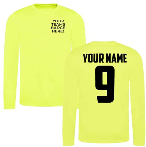 Mens Custom Football Shirt Activewear Sunday League Pub Team Kit 5 7 11 a Side Club Shirts Personalised Name and Number, XL, Electric Yellow - Long Sleeve