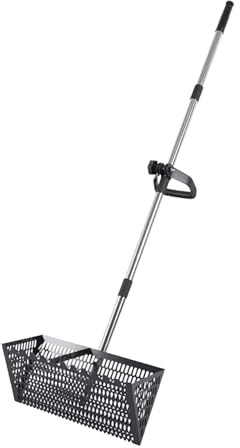 Grande scolapasta da spiaggia in acciaio inox con manico lungo 140 cm e cestino da 40 x 18 cm con denti larghi per la pulizia della spiaggia, raccolta di sabbia pulci e conchiglie (nero)