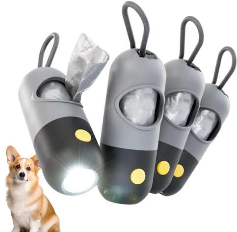Jonuin 4 Dispensadores de Bolsas Higiénicas Caninas con Luz Led, Linterna, Mosquetón y Fundas Integradas.Diseño Práctico, Perfecto para Paseos al Aire Libre (Negro)