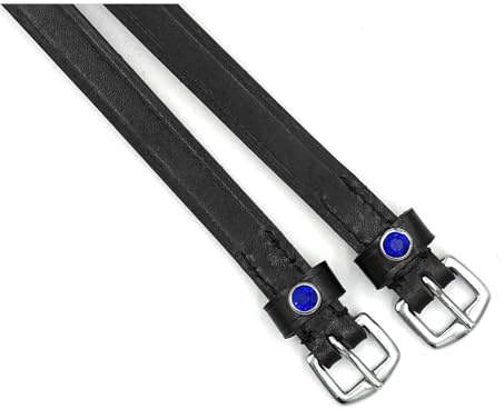 ES4010 Sporenriemen Strass Leder, Schwarz Leder/Blaue Strasssteine | Equine Smile, Kristall Ersatzriemen Pferdespornriemen Reitsporenriemen Fixierung von Reitsporen Sporen Zubehör Reiten