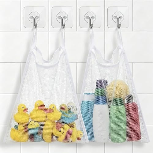 Bath Toy Storage Net Baby Bathroom Toy Tidy Organiser Anti-Mould Mesh Bag with 4 Strong Adhesive Hooks for Tub Shower Kids Toiletries 2 Pack