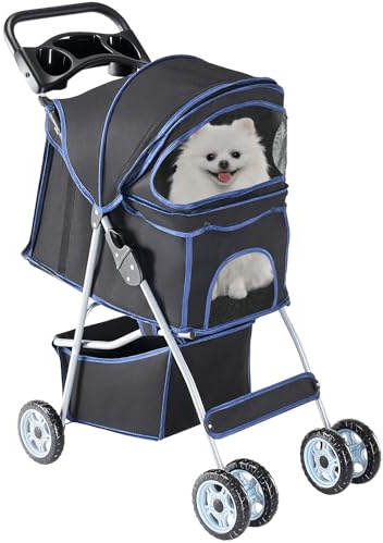 DUMOS 4 Wheels Pet Stroller for Small Dogs and Cats – Foldable Dog Stroller with Mesh Windows, Storage Basket & Cup Holder, Lightweight & Durable Pet Carrier for Travel, Outdoor Use – Black