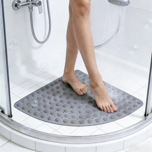 Tapis de douche antidérapant triangulaire 65 x 65 cm en PVC antidérapant avec ventouses et trous de drainage, quart de cercle, résistant à la moisissure, lavable en machine, pour tapis de douche