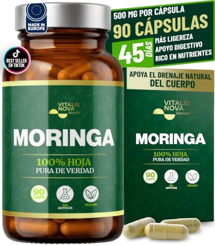 Moringa Oleifera Pura 1000 mg 90 Capsulas Veganas Bote de Cristal Ambar | Digestión Ligera y Cómoda, Antioxidantes Naturales de la Hoja, Tu Verde Diario Sin Batidos, Energía para Tu Día a Día