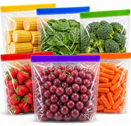 Reusable Food Bags 6 Pack, Large Zip Lock Freezer Bags 17.5 x 22.5cm | Generous full-sandwich size for lunches, meal prep, fruit and snacks, with BPA-free material and strong leakproof zip seals