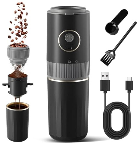 LAMA Elektrische Kaffeemühle Brüher, 3 in 1 Tragbares Kabellos Kegelmahlwerk, 9 Schleifgrad einstellbar mit Edelstahlfilter & Thermobecher, 1500mAh Kaffeemühle für Reisen Camping Outdoor