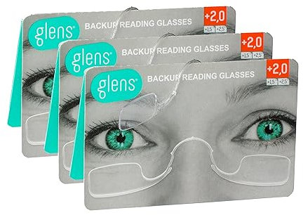 glens Mini Lesebrille | Lesebrille +2.0 in Classic Pack | Packung mit 3 rutschfesten Lesebrillen für Herren und Damen | Armlose Notfallbrille im Taschenformat | Erhältlich in verschiedenen Stärke