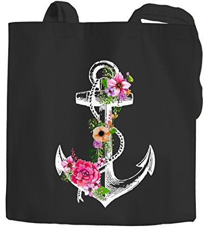 Jutebeutel Blumen Anker Flower Anchor Schultertasche Tragetasche Shopping-Bag Einkaufstasche Autiga® schwarz 2 lange Henkel