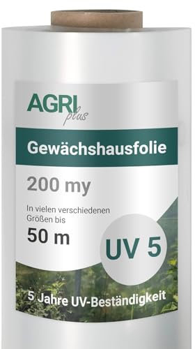 AGRI plus Gewächshausfolie 8 x 10 m I Hochtransparente & reißfeste Gartenfolie für Abdeckungen im Außenbereich I Schutzplane wetterfest & 5 Jahre UV-beständig I Folienstärke 0,200 mm