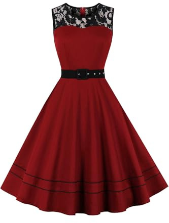 AXOE Damen 50er Jahre Kleid A-Linie mit Spitze & Gürtel | Baumwolle, Vintage Rockabilly Stil, Ärmellos, Knielang, Größen S-4XL, für Hochzeit, Cocktail, Gartenparty, Festlich & Büro