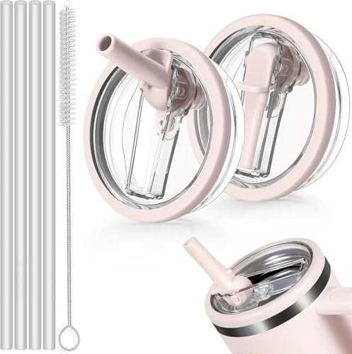Sunshine smile 2 Stück Stanley Cup Deckel 40oz,Auslaufsicherer Ersatzdeckel für Stanley Cup mit 4 Trinkhalmen and 1 Strohhalm Bürste,Ersatzdeckel für Stanley Cup Zubeahör,Tasch 40oz Becher