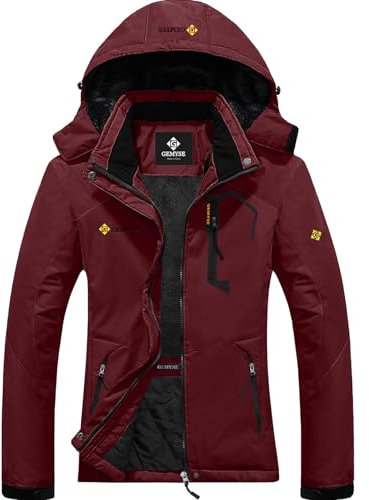 GEMYSE Homme Veste de Ski Imperméable de Montagne Manteau d'hiver Extérieur en Polaire Coupe-Vent avec Capuche(Vin Rouge,L)