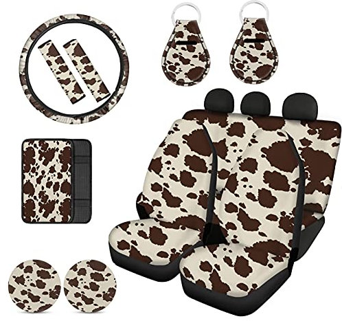 Coloranimal Autositzbezug aus braunem Kuh-Rindsleder, Lenkradbezug, Sicherheitsgurtpolster, Getränkehalter, Untersetzer, Schlüsselanhänger, Armlehnenkissen, Universal-Dekorzubehör für alle Autos