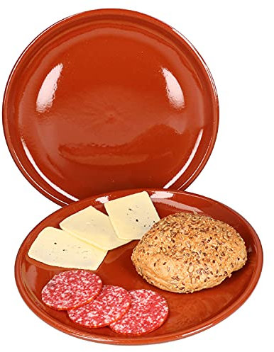 MamboCat 2er Set Ton-Speiseteller Ø 28,5cm Flache Essteller Keramik Antik Geschirr I Steak-Platte Grillteller I Kuchen Servier Teller I Frühstücksteller I Dessertteller I Servierplatte ofenfest