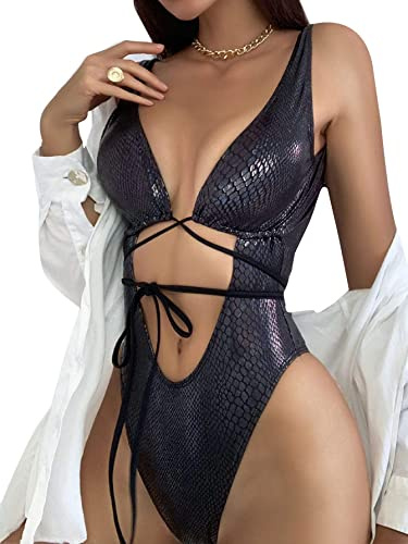 UCadego Women's Metallic Snakeskin One Piece Swimsuits Rave Outfit Bathing Suits A Black M