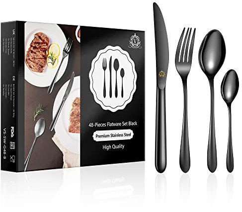 vancasso 48 Couverts de Table pour 12 Personnes, Ménagère Noir Acier Inoxydable 18/10, Service de Couverts Design Moderne, Comprenant un Couteau, une Fourchette, 2 Cuillères, Poli Miroir, Bout Rond
