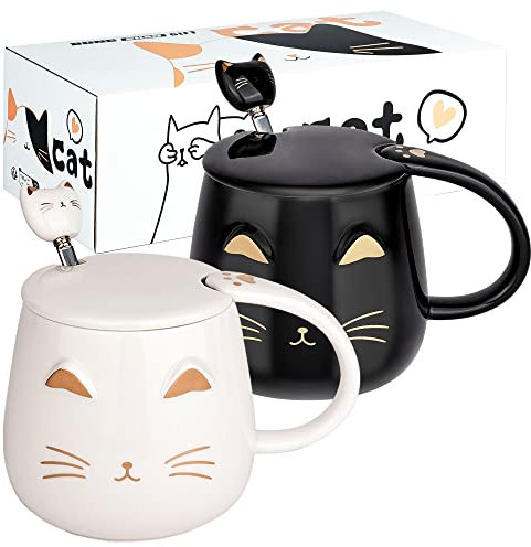 DONGSHANGIFT 2 Pack Cute Cat Mugs with Lid and Lovely Kitty Spoon - Novelty Morning Tea Milk Mug Set for Cat Lovers, Girls, Women - Christmas, Birthday Gift - 450ML/15oz, White and Black