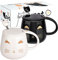 DONGSHANGIFT 2 Pack Cute Cat Mugs with Lid and Lovely Kitty Spoon - Novelty Morning Tea Milk Mug Set for Cat Lovers, Girls, Women - Christmas, Birthday Gift - 450ML/15oz, White and Black