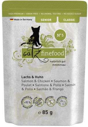 catz finefood Senior N°05 Lachs & Huhn Katzenfutter nass - Premium Nassfutter für Ihre Senior Katze - getreidefrei, ohne Zucker, hoher Fleischanteil, Vitamine & Mineralien (16 x 85g Beutel)