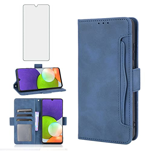 Asuwish Handyhülle für Samsung Galaxy A22/M32/M22 4G Hülle mit Glas Folie Schutzfolie Kartenfach Klappbar Leder Geldbörse Ständer Schutzglas A 22 22A F22 G4 Handy Hüllen Schutzhülle Phone Case Blau