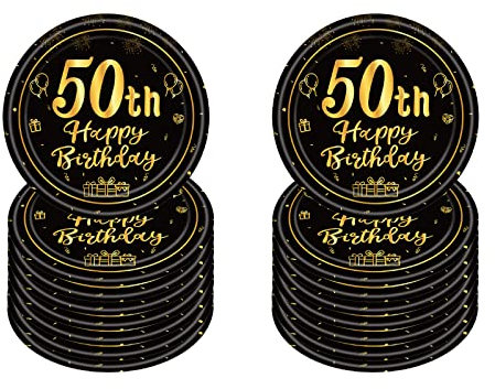 16 platos de papel desechables de 7 pulgadas, platos de papel desechables negros y dorados, fiestas, platos de papel de feliz cumpleaños 50, vajilla