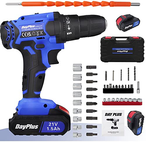 Akku Bohrmaschine mit 2x Akkus, Akku-Schlagschrauber mit 26PCS Zubehöre Set für Haus und Garten DIY Projekt, Drehmoment 420 Nm, 1400RPM 2 Variable Geschwindigkeiten, zum Bohren von Holz und Metall