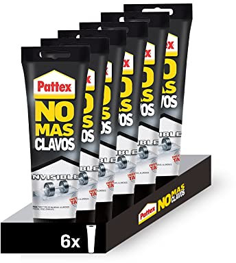 Pack de 6 unidades Pattex No Mas Clavos Invisible en Tubo Masilla para colgar sin taladrar la pared. Pega Madera, Aluminio, Piedra, Yeso, Cemento... Color Transparente