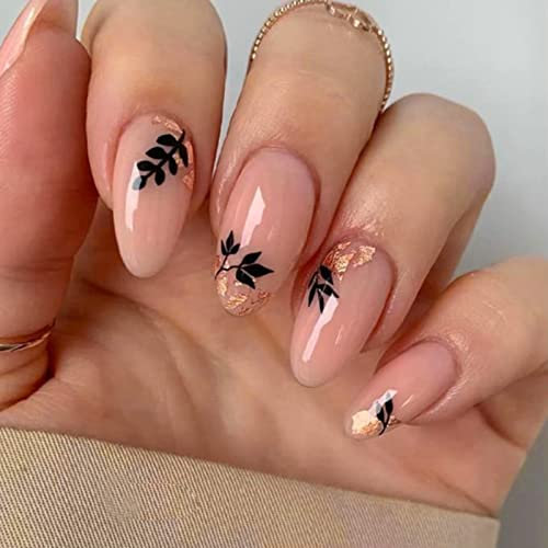 24Pcs Almond Short Press on Nails, Glossy Fake Nails French Tips Glue on Nail with Black Leaf Designs, Pink Artificial Acrylic False Nail for Women and Girls DIY Manicure Decoration