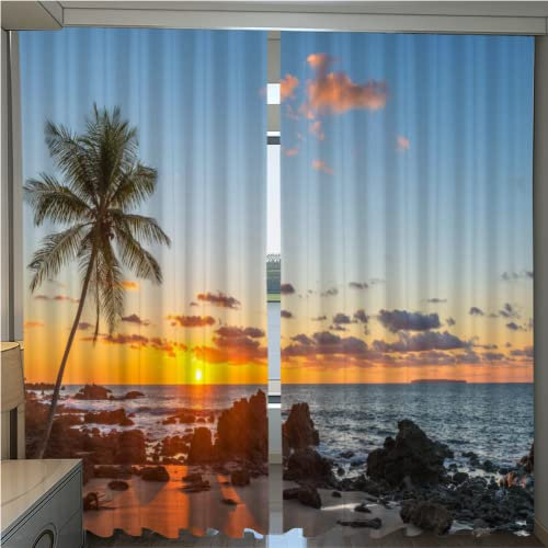 Rideau Occultant Motif Palmiers De Plage 120X140 Moderne Polyester Rideau Occultant Impression 3D Oeillet Thermiques Isolants Anti Froid pour Salon Fenêtre De Chambre Enfant,A15