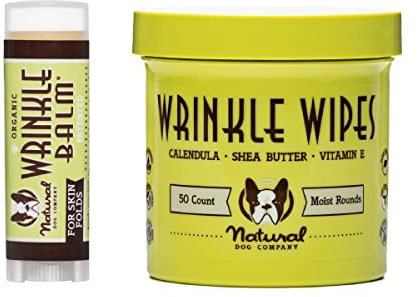 Natural Dog Company Wrinle Balm Bundle, (1) Dog Wrinkle Wipes, 50 Count (1) Travel Balm Stick, Dog Lotion for Dry Itchy Skin, Cleans Wrinkles, Plant Based, Dog Face Wipes