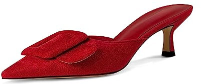 Volrina Pantoletten mit Kätzchen-Absatz für Damen, spitzer Zehenbereich, quadratische Schnalle, rückenfrei, zum Reinschlüpfen, Wildleder, Stiletto-Kleid, Absatz, Sandalen, Hochzeit, Party, Schuhe, Rot
