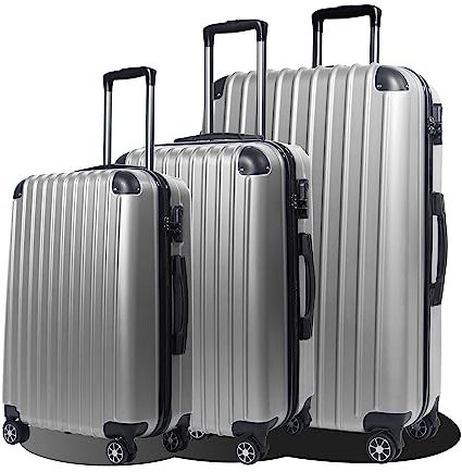 Nilpferd Handgepäck Koffer Set Reisekoffer mit Rollen Rollkoffer Trolley Reisekoffer Koffer 3 stück Sicherheit Zahlenschloß 4 Rollen (Silber, Set)