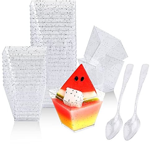 Pack of 30 Pcs Plastic Single-Serving Dessert Pots Stylish Shooter Cups, 2 oz Mini Trapezoid Dessert Cups with Spoons, Reusable Parfait Cups for Fruit Yogurt Snacks Pudding Mousse (Silver)