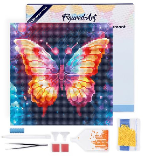 Figured'Art Mini Diamond Painting Erwachsene 25x25cm Mit Rahmen Ganze Leinwand gespannt Funkelnder Schmetterling 5D Bilder Runde Steine - DIY Set Basteln