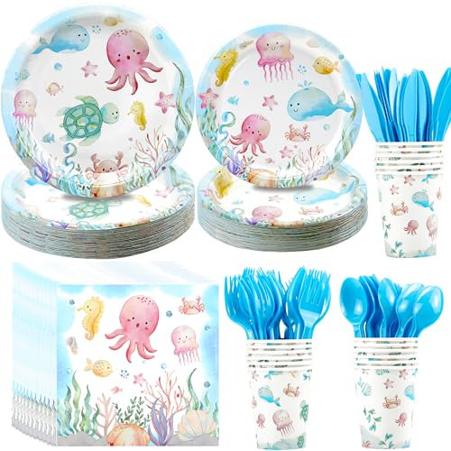 NAIWOXI Under the Sea Party Decorations Dinnerware - Ocean Birthday Plates And Napkins Party Supplies, Plate, Napkin, Cup, Underwater Sea Theme Baby Shower Decorations Tableware | Serves 24