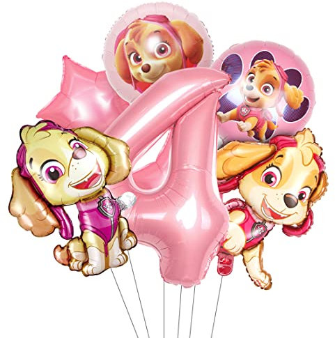 Hund Patrol Geburtstag Deko, Luftballon 4. Geburtstag Rosa, 7pcs Dog Patrol Ballons, Geburtstagsdeko 4 Jahre Mädchen, Kindergeburtstag Deko Set mit Sky Folienballons, Nummer 4 Heliumballon