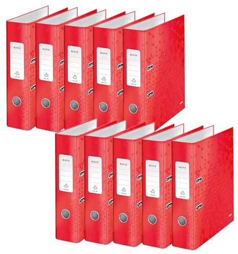 Leitz Qualitäts-Ordner 180°, 10er Pack, DIN A4 Aktenordner, 8 cm Rückenbreite, Mit 180° Präzisionsmechanik & selbstklebendem Rückenschild, Mit laminierter Oberfläche, Rot, WOW Serie, 10050026
