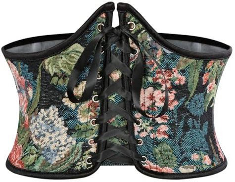 SCARLET DARKNESS Damen Mittelalter Gürtel Lace-up Breiter Waspie Gürtel Corset Schnürkorsett Schwarz mit Rosa Blumen 38