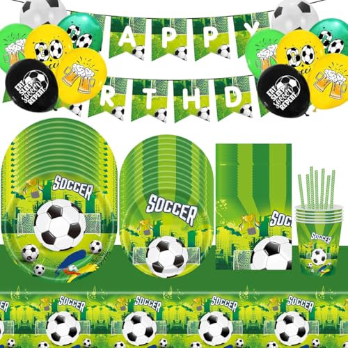 97 Pièces Football Vaisselle Anniversaire,Vaisselle De Fête Football,Enfant Foot Theme Papier Vaisselle Assiettes Serviettes Tasses et Ballon, Thème Sportif pour Fête Enfant, Cadeau Foot