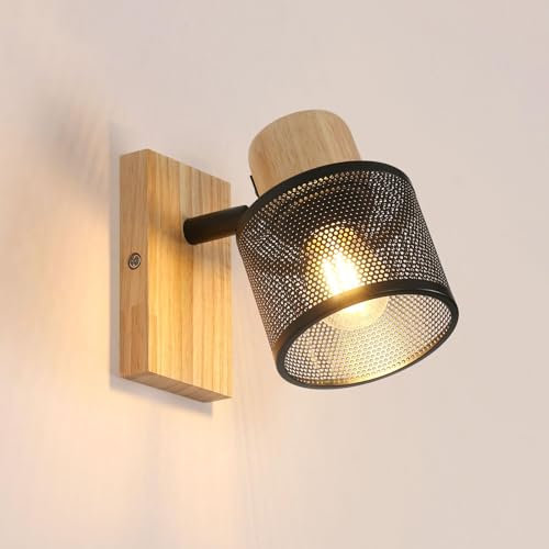 Comely Vintage Wandleuchte Innen, E27 Industrielle Wandlampe Holz und Eisen, Retro Wandbeleuchtung für Schlafzimmer, Wohnzimmer, Flur, Schwarz (ohne Leuchtmittel)