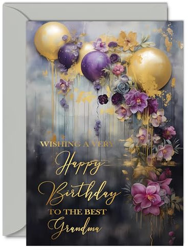 Schöne goldene Geburtstagskarte für Oma, goldene Party-Luftballons. elegante, traditionelle, hübsche Geburtstagskarte für Oma von Enkelin, Enkel, 12,7 x 17,8 cm, wunderschöne Grußkarten