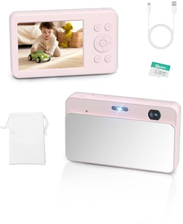 MUTRAIN Slide Open Digital Point and Shoot Android Camera with Mirror, 1080P Photography Practice, Pink, X10, 32G