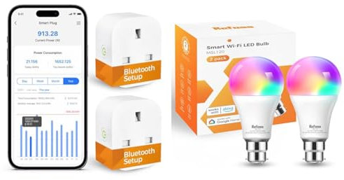 Smart Plug Works with Alexa, Google Home, Bluetooth Smart Socket with Energy Monitoring & Smart Light Bulb Alexa b22 Bayonet WiFi Led Bulb 9W with Colour Changing Light