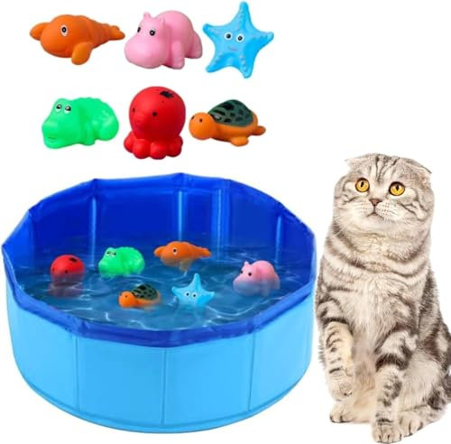 Jouet de piscine pour chat avec eau de poisson, jouet portable pour chat avec 6 jouets, jouet de bain pour chats d'intérieur ennuyés, jouets interactifs pour chats d'intérieur pour un jeu sans fin (30