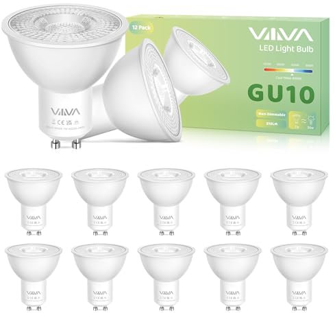 VIIIVA GU10 LED Lampen Kaltweiss-12 Stück, 7W GU10 Spotlight, 6000K 510LM Ersetzt 50W Halogen Leuchtmittel, Nicht Dimmbar, Kein Flimmern, 38° Abstrahlwinkel, AC 220-240V, Energiesparende Glühbirne